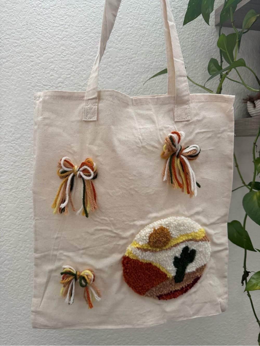 Handmade Needle Punch Tote Bag Boho Canvas Bag Tufted Desert Sun Design